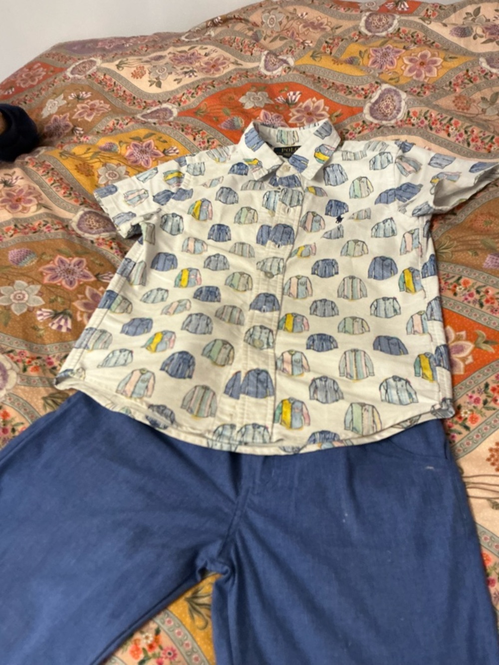 Kids Short-Sleeve Button-Up Shirt in White with Jacket Print